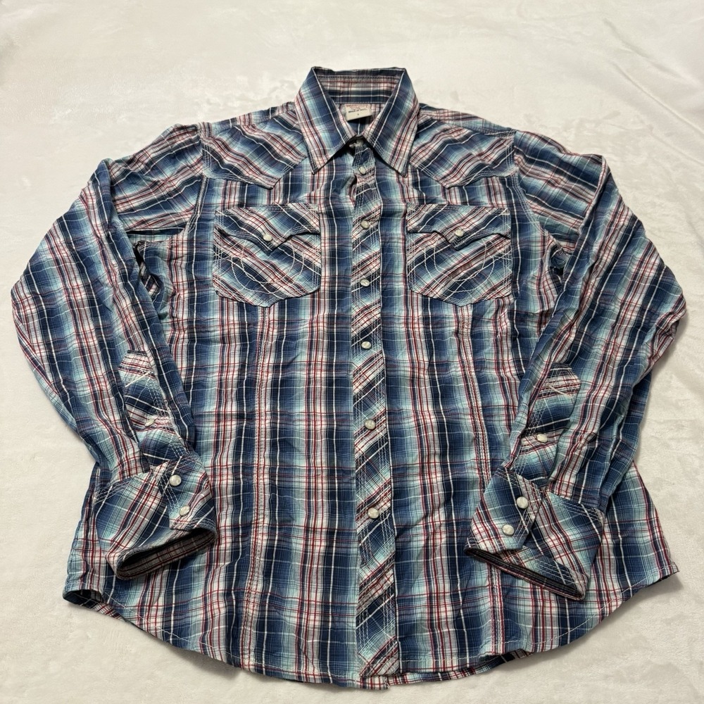 True Religion Western Pearl Snap Plaid Shirt Mens Large Blue Cowboy Casual